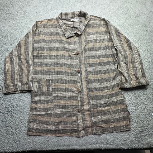 Yasuko Kurisaka Striped Brown Gray Pocket Button Sweater Coat Jacket Women Large - Picture 1 of 12